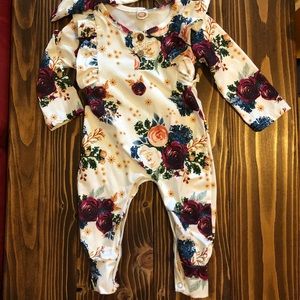 Fall Floral Baby Girl One Piece with head wrap